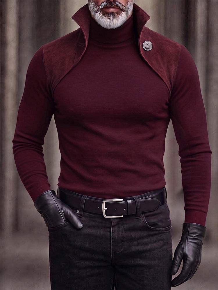Gothic Faux Suede Panel Turtleneck Slim Fit Top