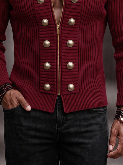 Refined Casual Button Accent Zip Knit Cardigan