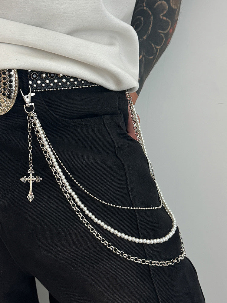 Fashion Double Layer Cross Pendant Pants Chain