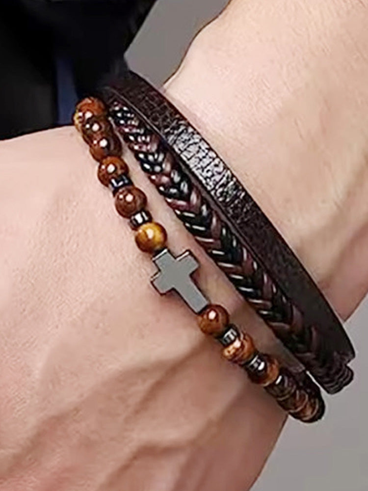 Multi-Layer Design Leather Cross Bracelet