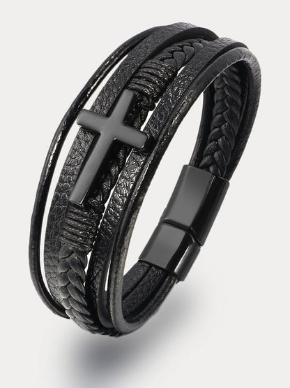 Multi-Layer Braided Leather Cross Bracelet