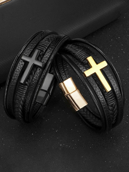 Multi-Layer Braided Leather Cross Bracelet