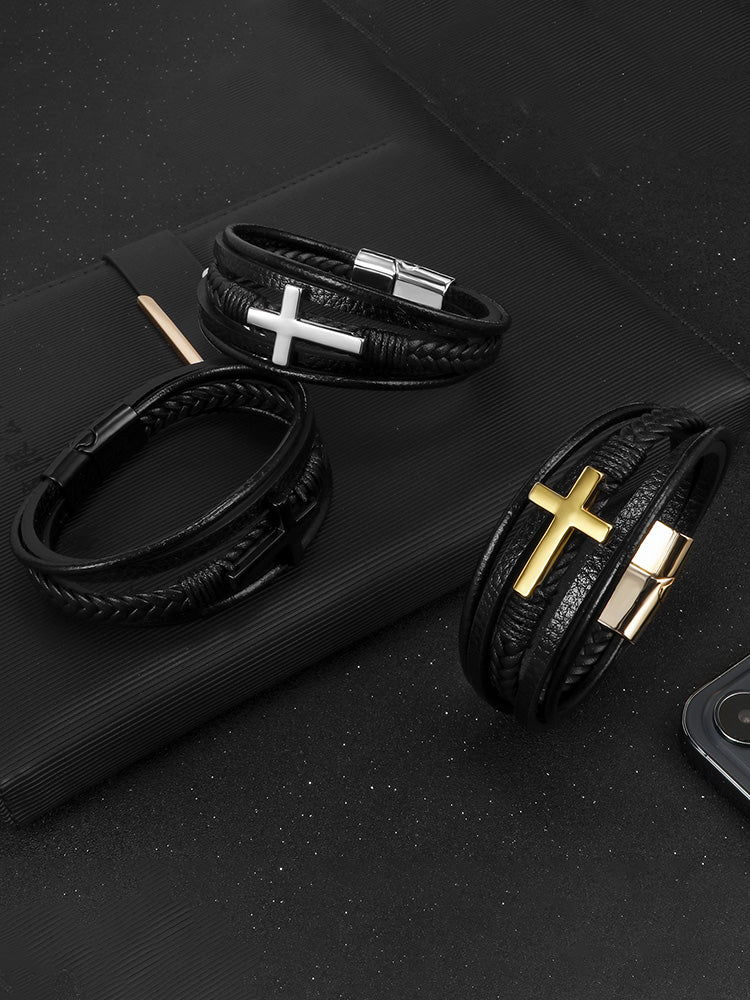 Multi-Layer Braided Leather Cross Bracelet