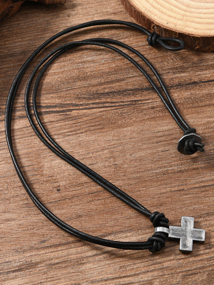 Vintage Cross Pendant Leather Necklace