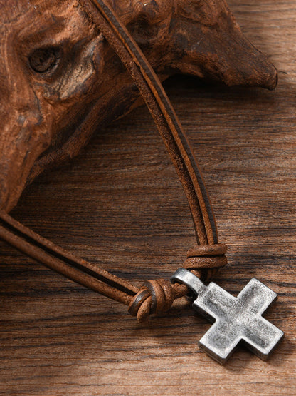 Vintage Cross Pendant Leather Necklace