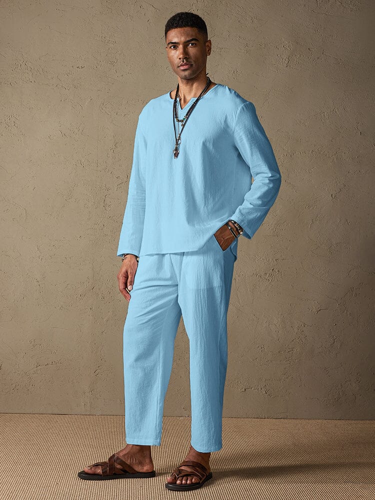 Cozy Solid Cotton and Linen Shirt Set