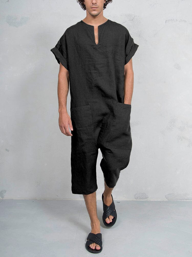 Short Sleeve Cotton Linen Jumpsuit