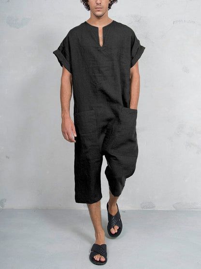 Short Sleeve Cotton Linen Jumpsuit