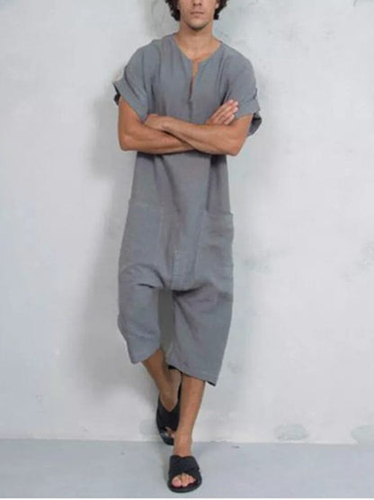 Short Sleeve Cotton Linen Jumpsuit