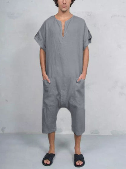 Short Sleeve Cotton Linen Jumpsuit