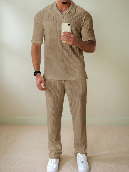 Stylish Striped Textured Polo Shirt Set