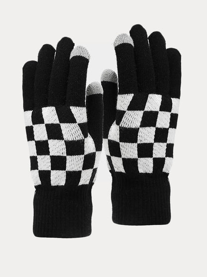 Cozy Checked Beanie Hat Scarf Gloves 3-in-1 Set