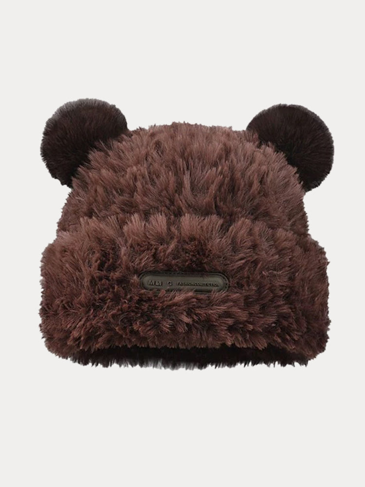 Fuzzy Bear Ears Knitted Beanie Hat