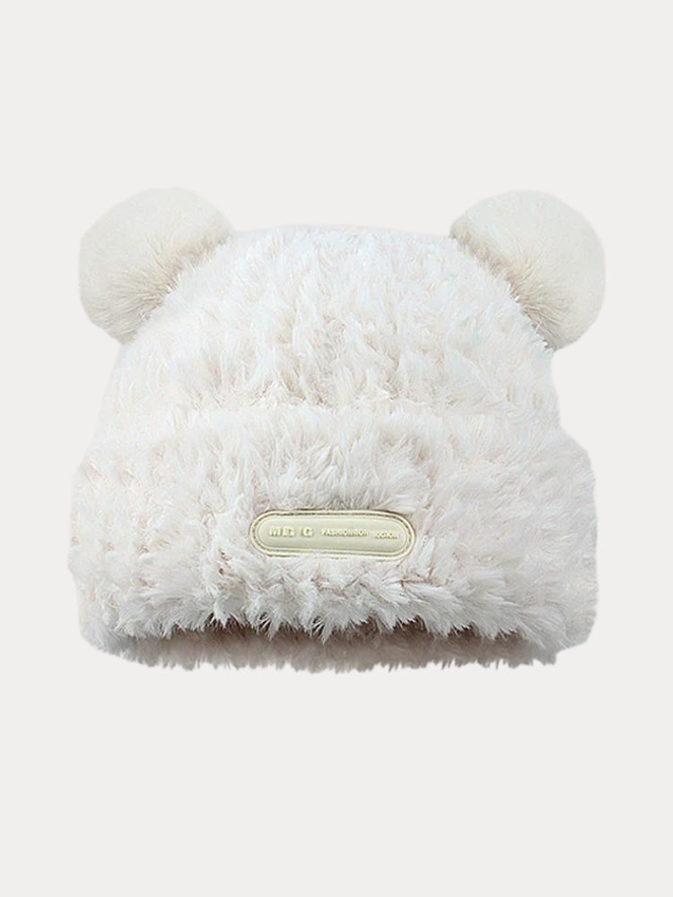 Fuzzy Bear Ears Knitted Beanie Hat