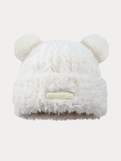 Fuzzy Bear Ears Knitted Beanie Hat