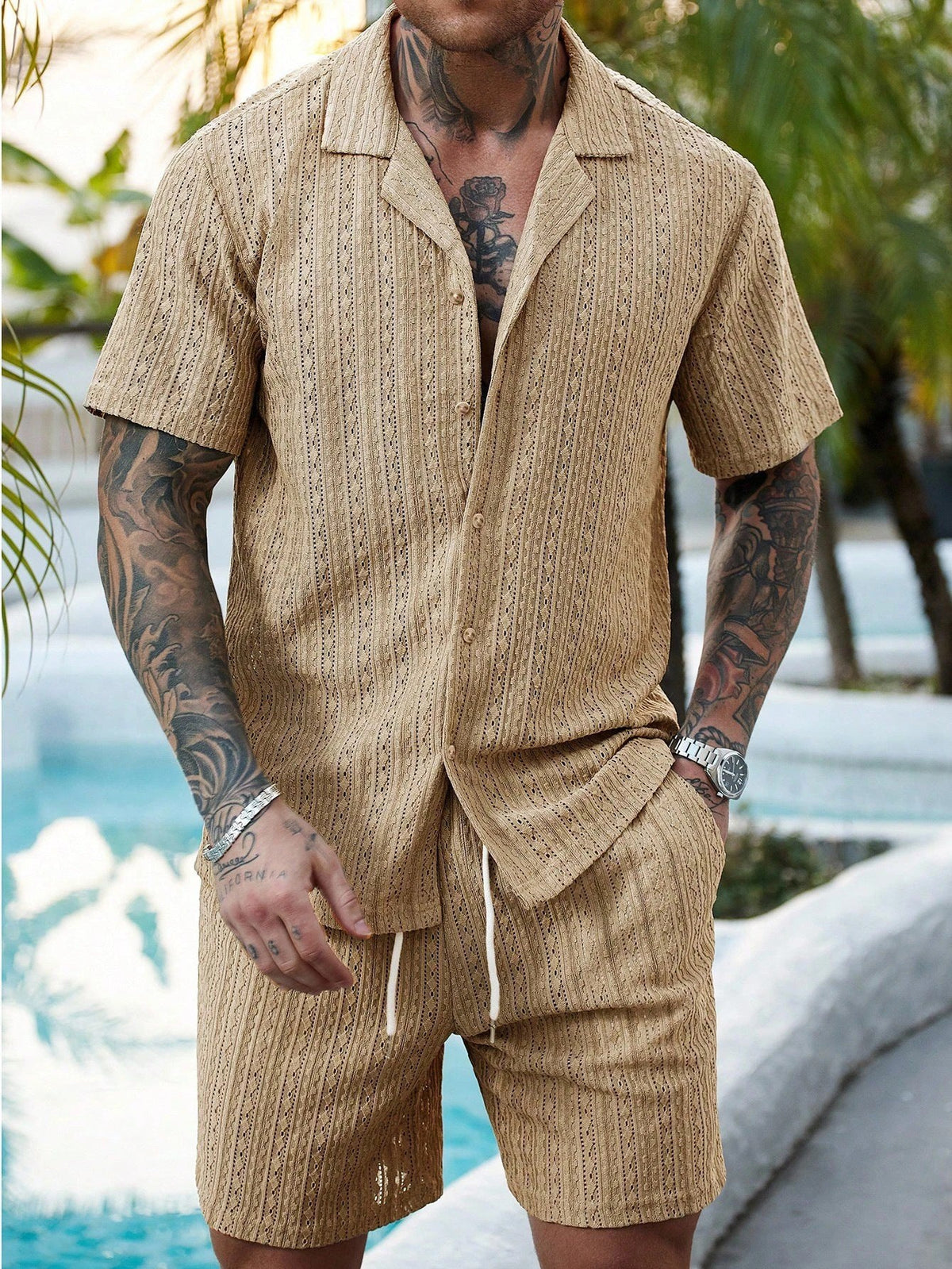 Men's Relaxed Hollow-Out Knit Resort Two-Piece Set