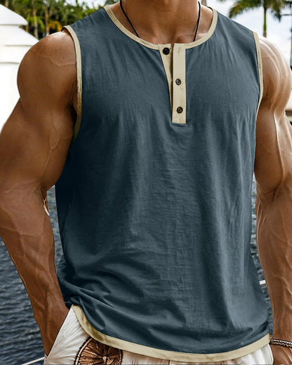 Men's Relaxed Contrast Trim Henley Sleeveless Tank Top