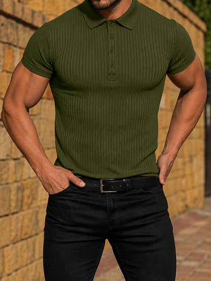 Men's Slim Fit Ribbed Knit Short Sleeve Polo Shirt