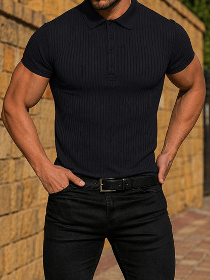 Men's Slim Fit Ribbed Knit Short Sleeve Polo Shirt