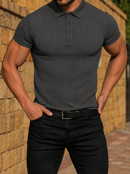 Men's Slim Fit Ribbed Knit Short Sleeve Polo Shirt