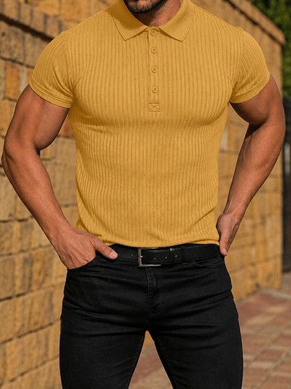 Men's Slim Fit Ribbed Knit Short Sleeve Polo Shirt
