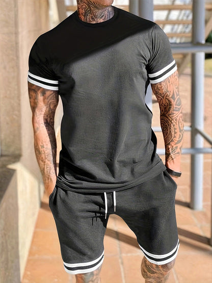 Men's Contrast Stripe 2-Piece Short Sleeve Tee & Shorts Set