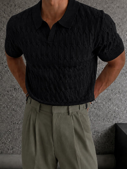 Knit Polo Shirt Short Sleeve Textured Cable