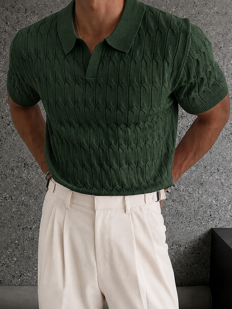 Knit Polo Shirt Short Sleeve Textured Cable