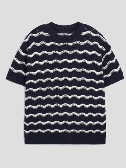 Sweater Wavy Scalloped Openwork Crew Neck Top