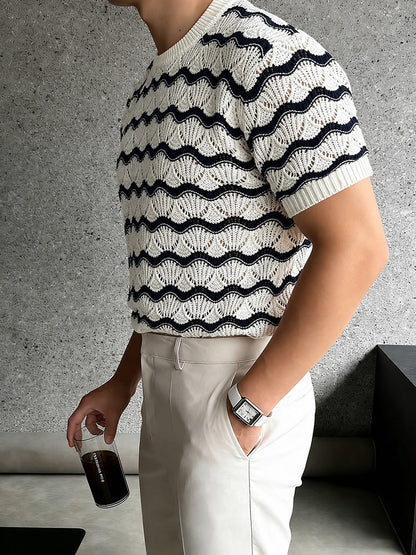 Sweater Wavy Scalloped Openwork Crew Neck Top