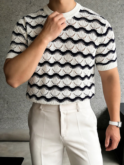 Sweater Wavy Scalloped Openwork Crew Neck Top