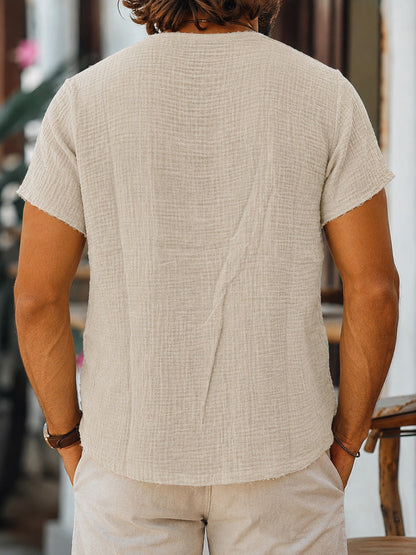 Short Sleeve Raw Edge Textured Double Gauze Casual Beach Tee