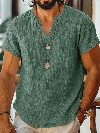 Short Sleeve Raw Edge Textured Double Gauze Casual Beach Tee
