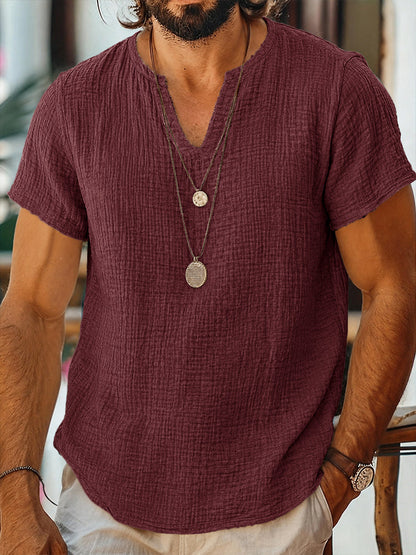 Short Sleeve Raw Edge Textured Double Gauze Casual Beach Tee