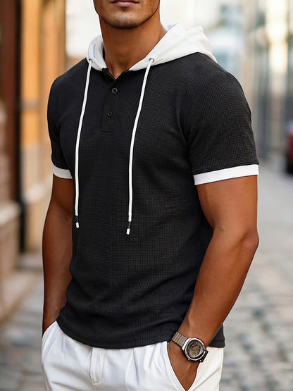 Short Sleeve Contrast Waffle Knit Casual Drawstring Tee