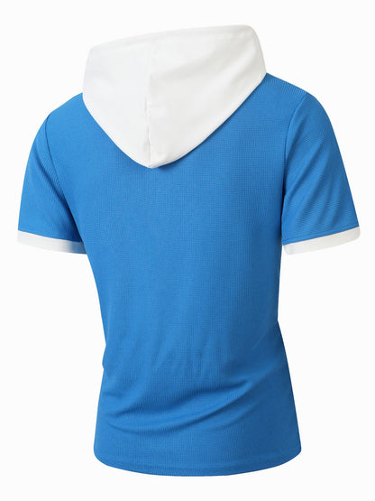 Short Sleeve Contrast Waffle Knit Casual Drawstring Tee