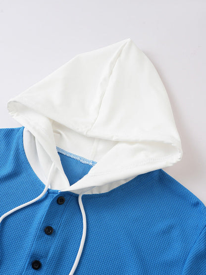 Short Sleeve Contrast Waffle Knit Casual Drawstring Tee