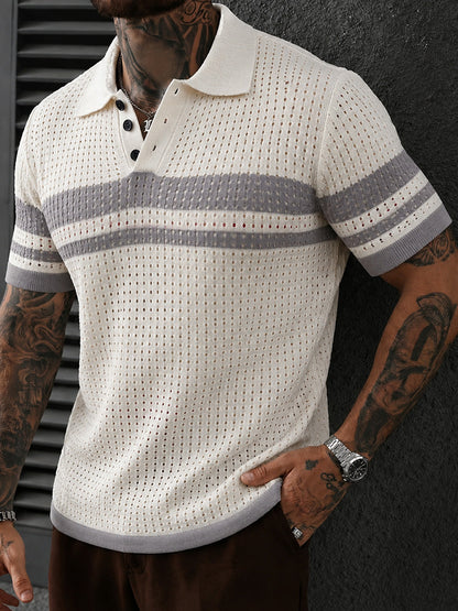 Openwork Mesh Button Collared Casual Polo Shirt