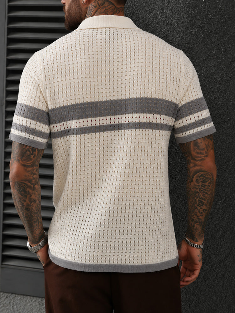 Openwork Mesh Button Collared Casual Polo Shirt