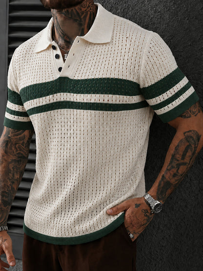 Openwork Mesh Button Collared Casual Polo Shirt
