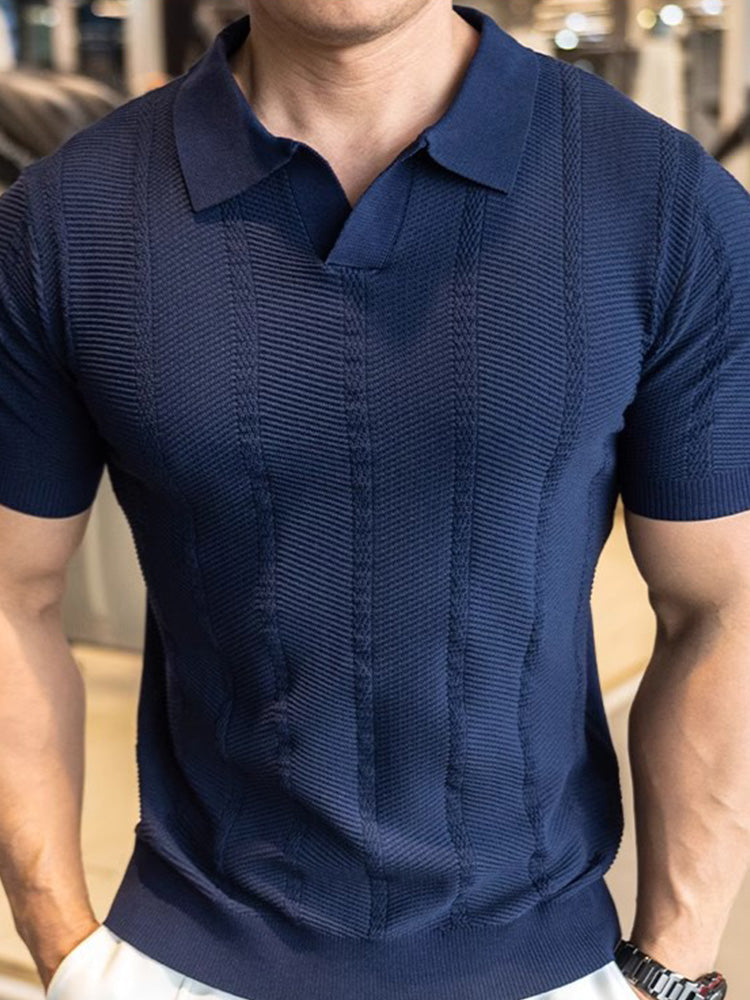 V-Neck Collar Vertical Cable Textured Ice Silk Casual Tee