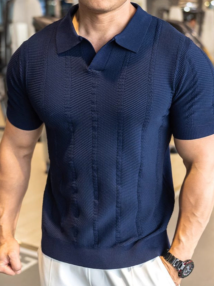 V-Neck Collar Vertical Cable Textured Ice Silk Casual Tee
