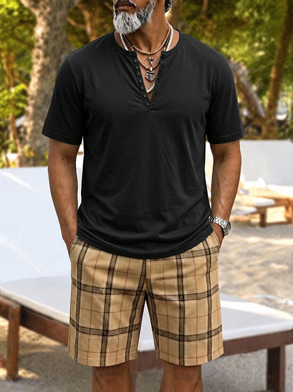 Men's Henley Top & Plaid Shorts Set