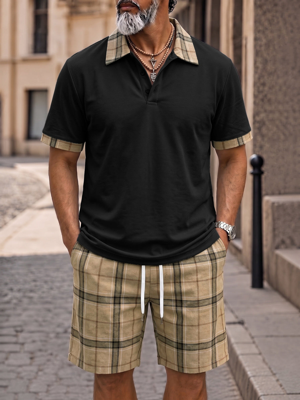 Men's Contrast Collar Plaid Polo Shorts Set