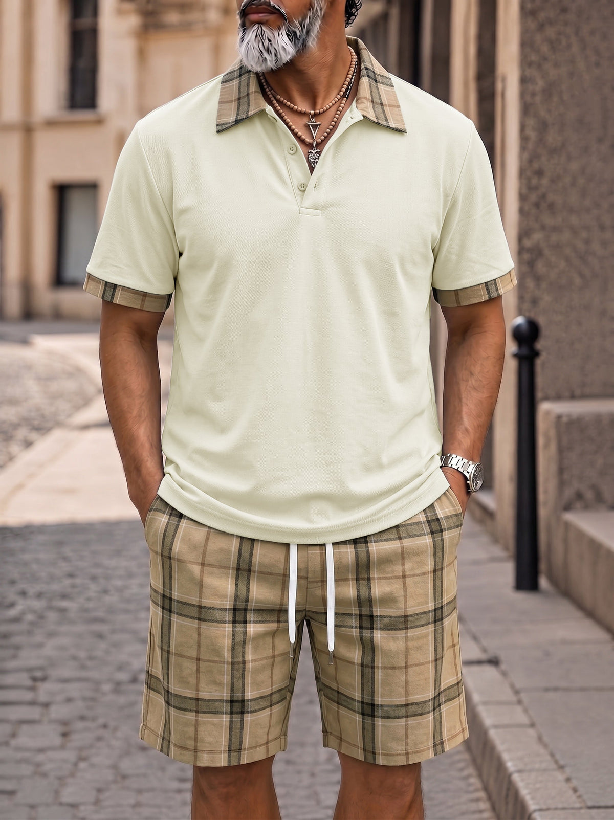 Men's Contrast Collar Plaid Polo Shorts Set