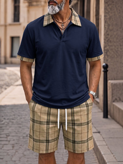 Men's Contrast Collar Plaid Polo Shorts Set