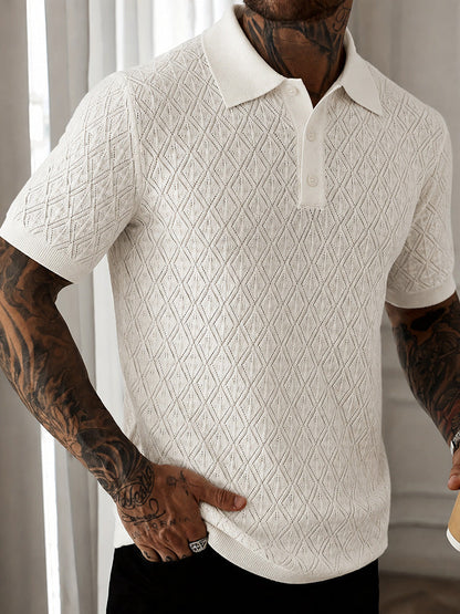 Button Diamond Pointelle Openwork Casual Business Tee