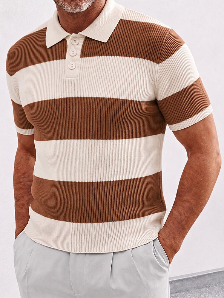 Striped Knit Polo Shirt Short Sleeve Ribbed
