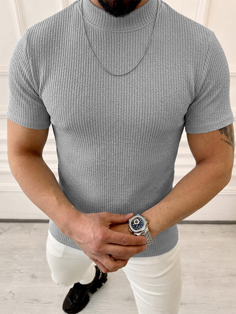 Mock Neck Vertical Cable Knit Short Sleeve T-Shirt