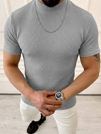 Mock Neck Vertical Cable Knit Short Sleeve T-Shirt